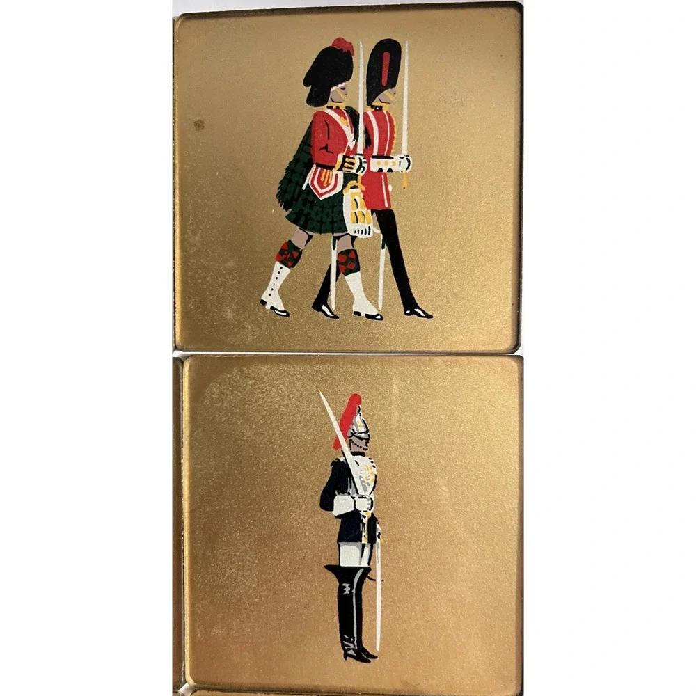 Military Coronation Coaster Set 1950s REVERSE GLASS PAINTED M/I England